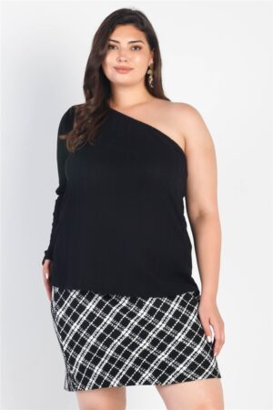 Plus-Size Ribbed One-Shoulder Top – Black