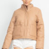 Mock Neck Quilted Jacket – Taupe Faux Leather
