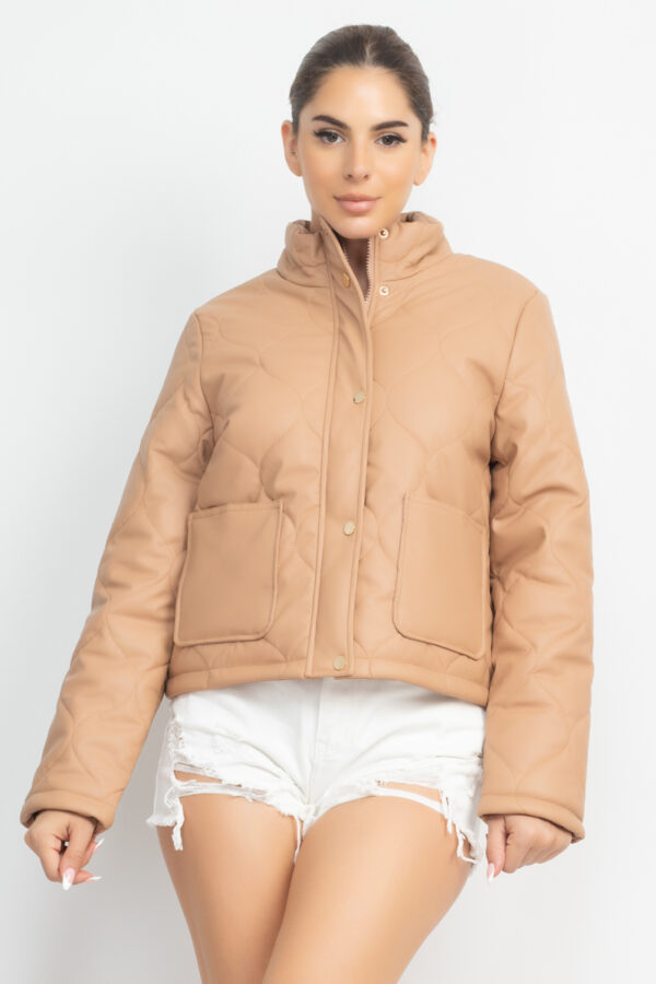 Mock Neck Quilted Jacket – Taupe Faux Leather