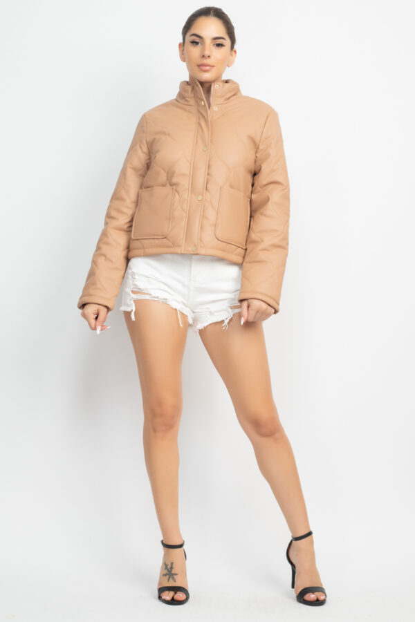 Mock Neck Quilted Jacket – Taupe Faux Leather