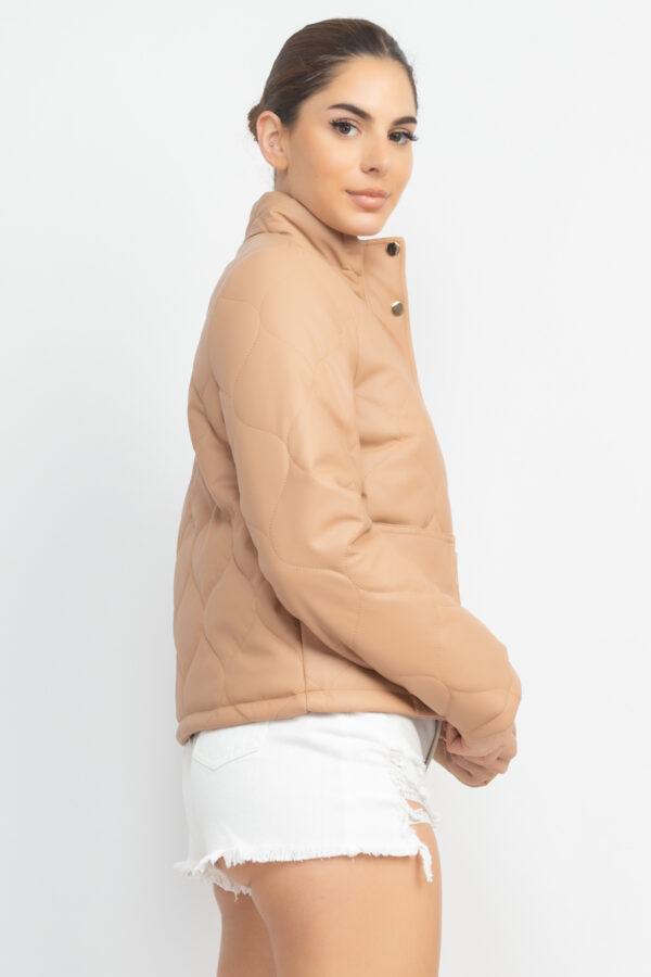 Mock Neck Quilted Jacket – Taupe Faux Leather