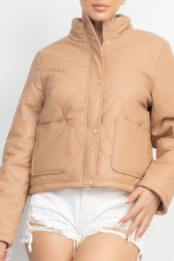 Mock Neck Quilted Jacket – Taupe Faux Leather