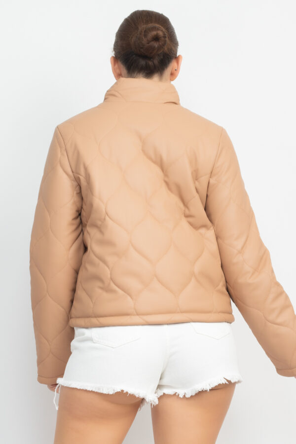 Mock Neck Quilted Jacket – Taupe Faux Leather