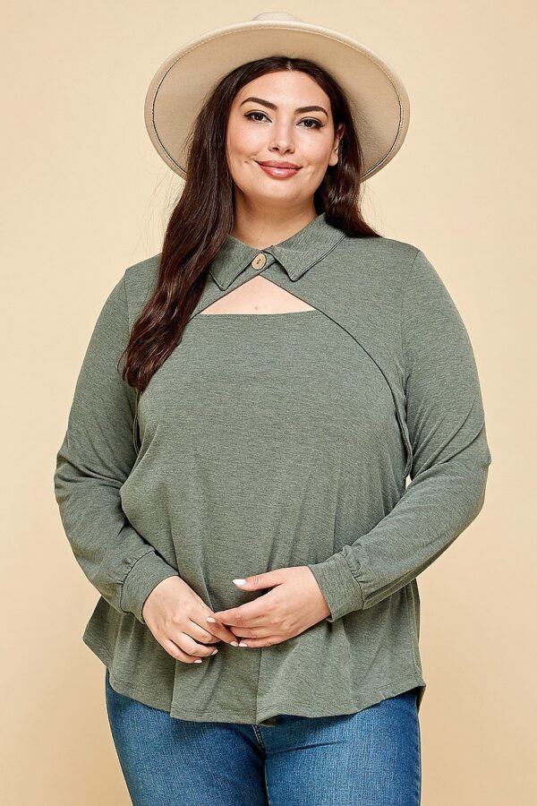 Plus Size Long Sleeve Top with Cut-Out Collar – Olive