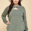Plus Size Long Sleeve Top with Cut-Out Collar – Olive