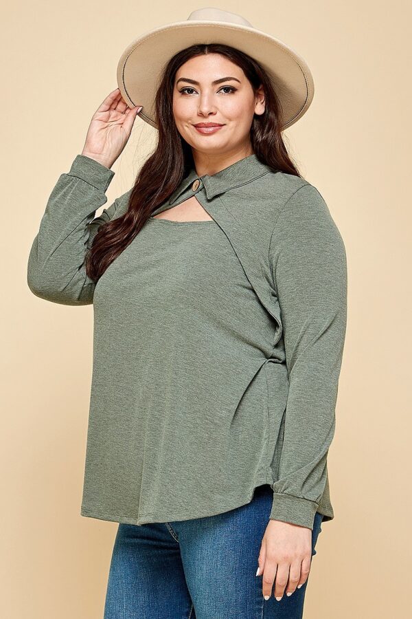 Plus Size Long Sleeve Top with Cut-Out Collar – Olive