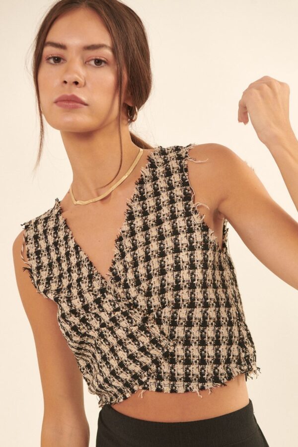 V-Neck Plaid Woven Vest with Fringe – Sand Black
