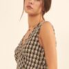 V-Neck Plaid Woven Vest with Fringe – Sand Black