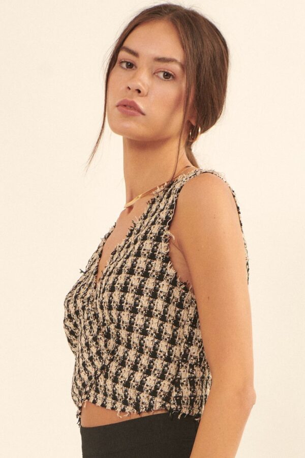 V-Neck Plaid Woven Vest with Fringe – Sand Black