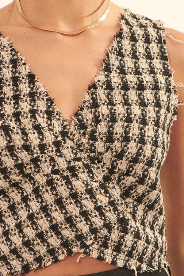 V-Neck Plaid Woven Vest with Fringe – Sand Black