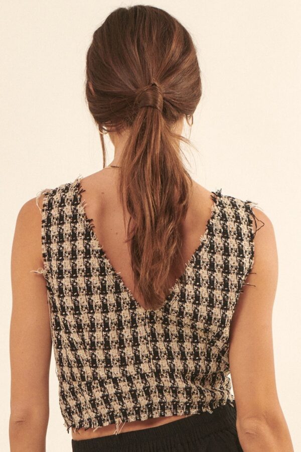 V-Neck Plaid Woven Vest with Fringe – Sand Black