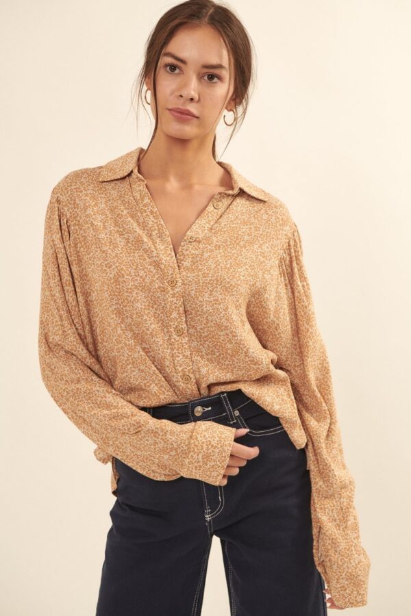 Floral-Print Collared Shirt – Oversized Caramel