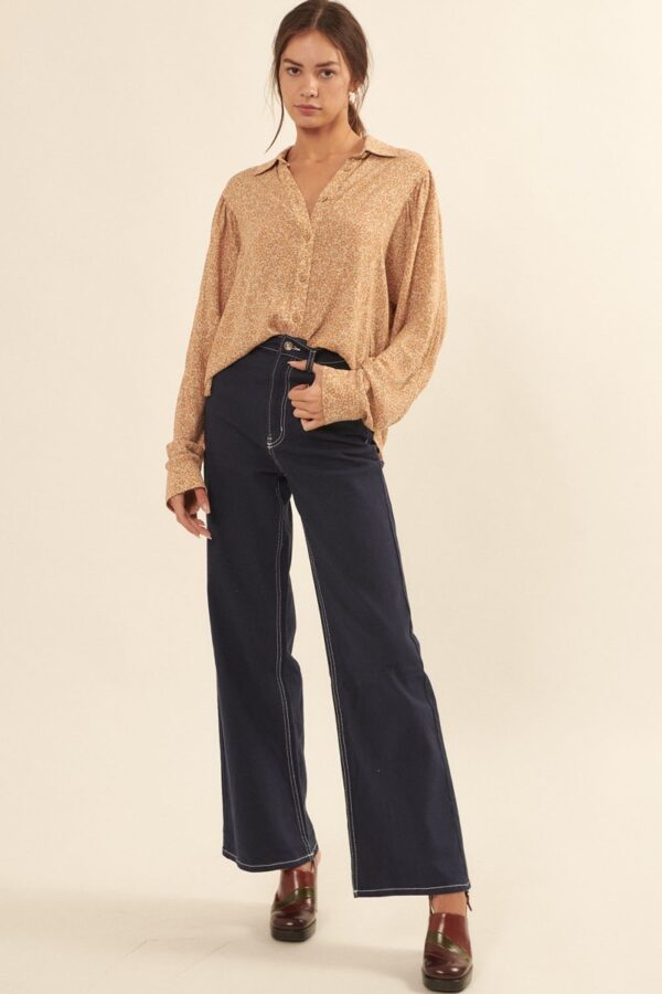 Floral-Print Collared Shirt – Oversized Caramel