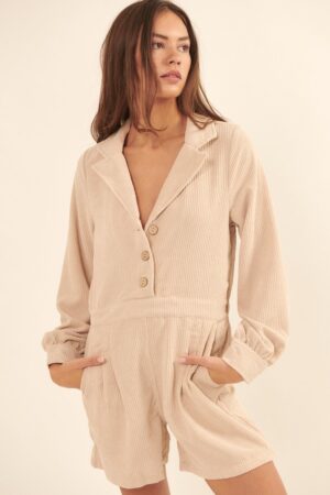 Woven Corduroy Romper with Lapel Collar – Cream
