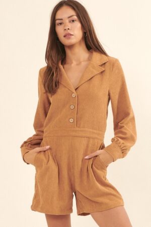 Woven Corduroy Romper with Lapel Collar – Taupe