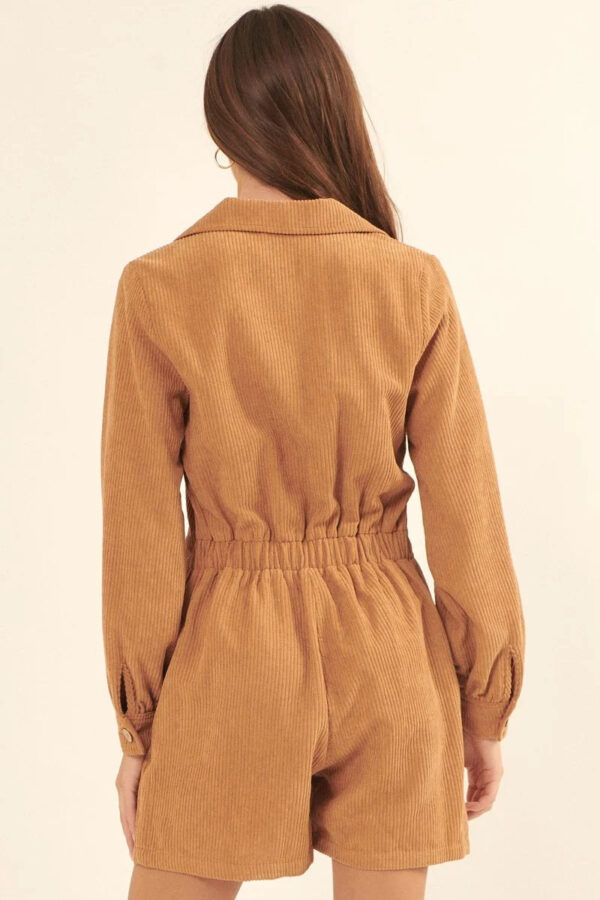 Woven Corduroy Romper with Lapel Collar – Taupe