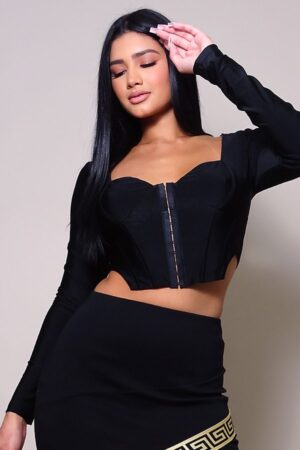 Long Sleeve Corset Top – Queen Anne Neckline in Black