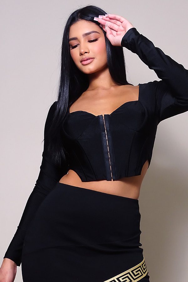 Long Sleeve Corset Top – Queen Anne Neckline in Black
