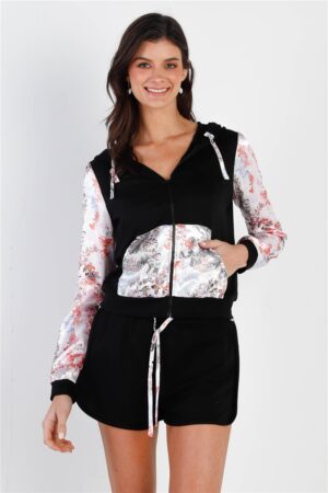 Colorblock Zip-Up Hooded Top & Shorts – Black/Multi