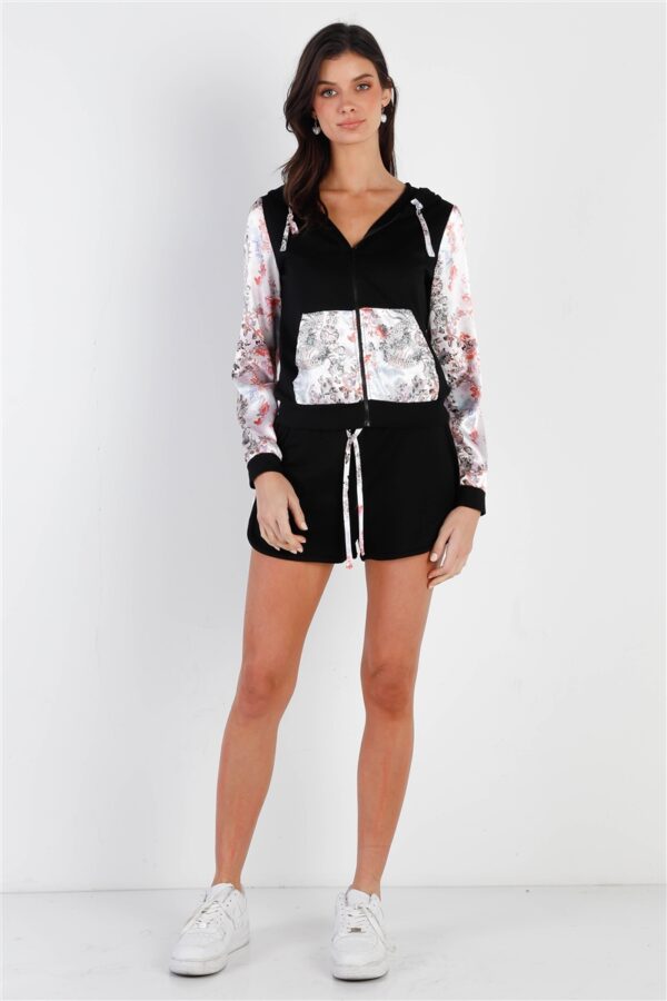 Colorblock Zip-Up Hooded Top & Shorts – Black/Multi