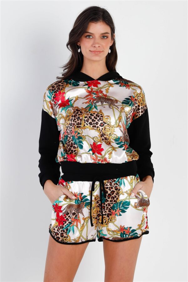 Satin-Effect Animal Print Hooded Top & Shorts – Black/Ivory