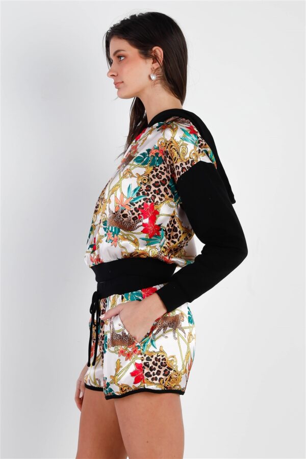 Satin-Effect Animal Print Hooded Top & Shorts – Black/Ivory