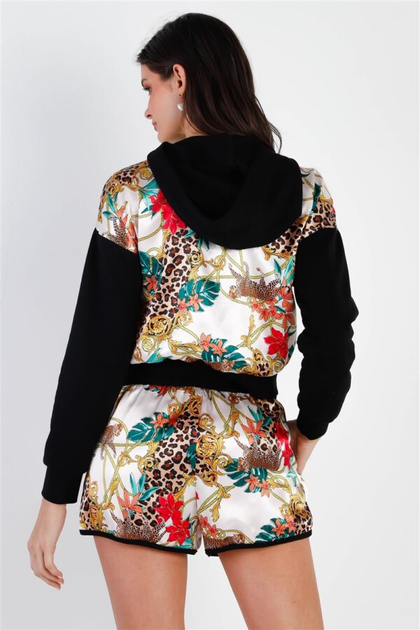 Satin-Effect Animal Print Hooded Top & Shorts – Black/Ivory