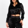 Satin-Lace Hooded Crop Top & Biker Short Set – Black