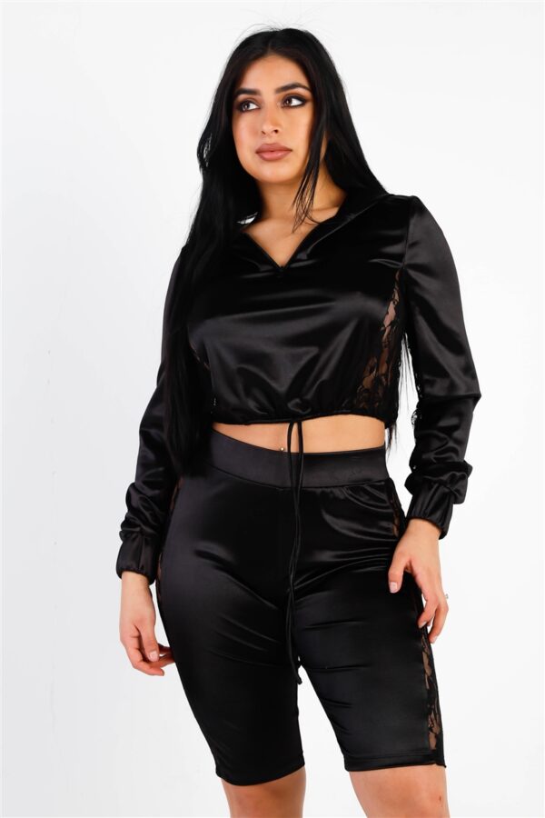 Satin-Lace Hooded Crop Top & Biker Short Set – Black