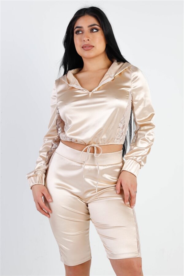 Satin Lace Hooded Crop Top & Biker Short Set – Champagne