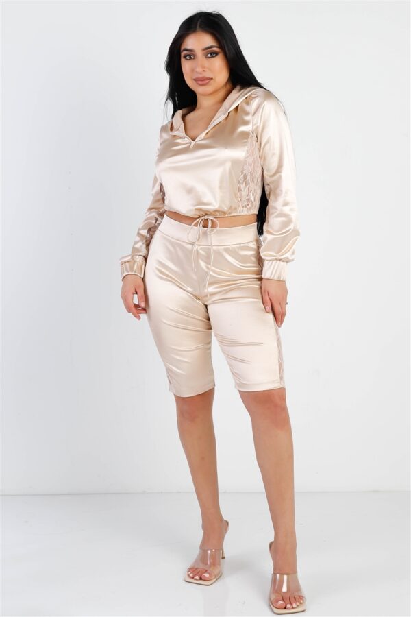 Satin Lace Hooded Crop Top & Biker Short Set – Champagne