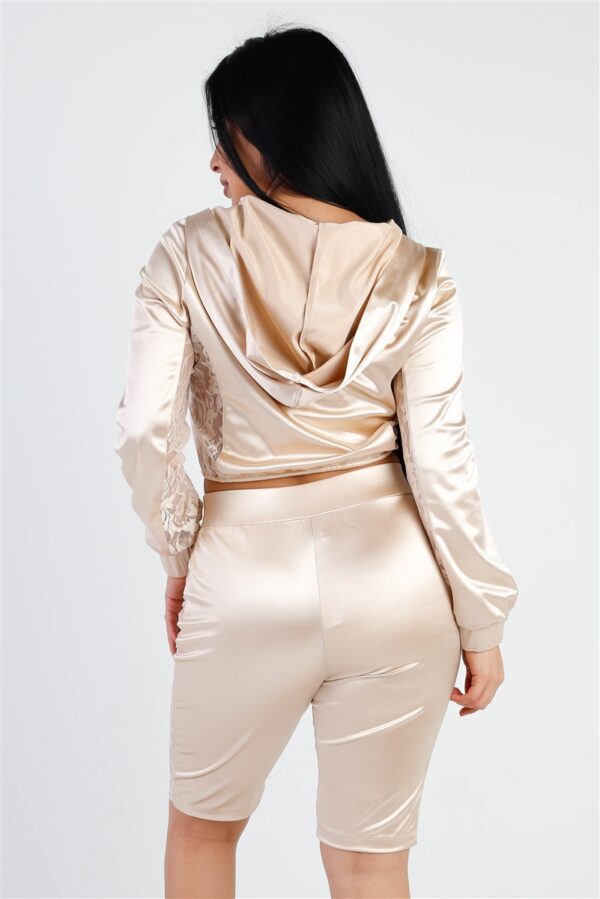 Satin Lace Hooded Crop Top & Biker Short Set – Champagne