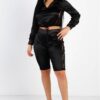 Satin-Lace Hooded Crop Top & Biker Short Set – Black