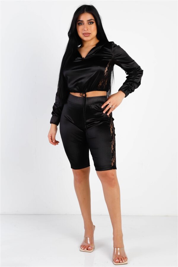 Satin-Lace Hooded Crop Top & Biker Short Set – Black