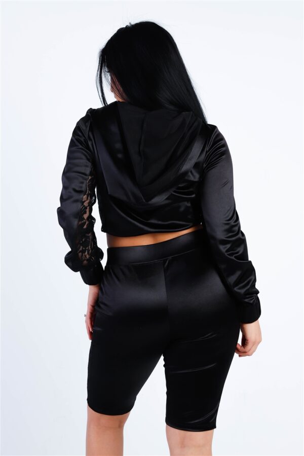 Satin-Lace Hooded Crop Top & Biker Short Set – Black