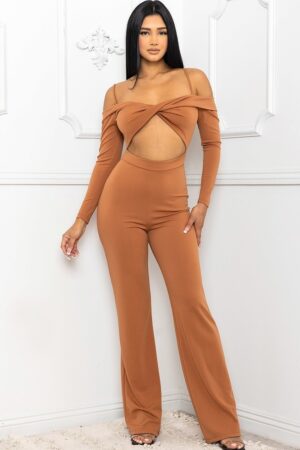 Open-Shoulder Cutout Jumpsuit – Cinnamon