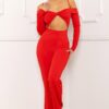 Open-Shoulder Cutout Jumpsuit with Twist Bust – Red