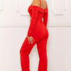 Open-Shoulder Cutout Jumpsuit with Twist Bust – Red