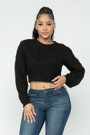 Cable Knit Pullover Top – Textured Cable Detail, Black