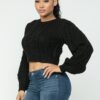 Cable Knit Pullover Top – Textured Cable Detail, Black