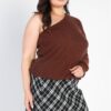 Plus Ribbed Textured One-Shoulder Top – Brown