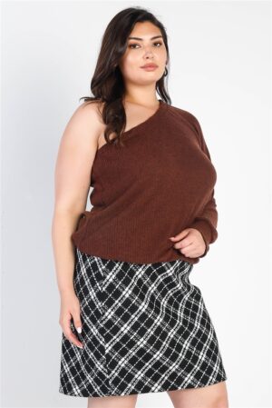 Plus Ribbed Textured One-Shoulder Top – Brown