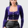Diamond Velvet Button Cropped Top – Square Neck, Purple