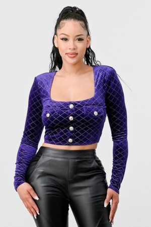 Diamond Velvet Button Cropped Top – Square Neck, Purple
