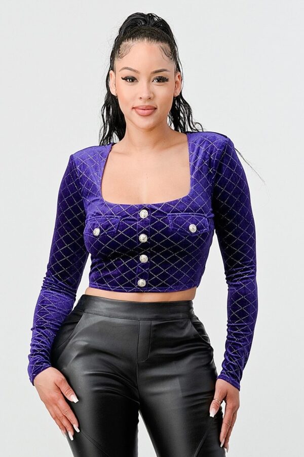 Diamond Velvet Button Cropped Top – Square Neck, Purple
