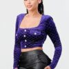 Diamond Velvet Button Cropped Top – Square Neck, Purple