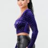 Diamond Velvet Button Cropped Top – Square Neck, Purple