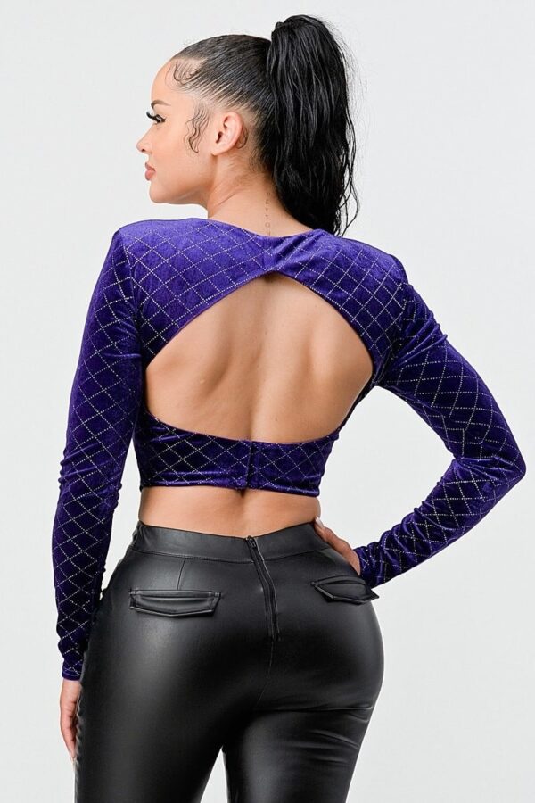 Diamond Velvet Button Cropped Top – Square Neck, Purple