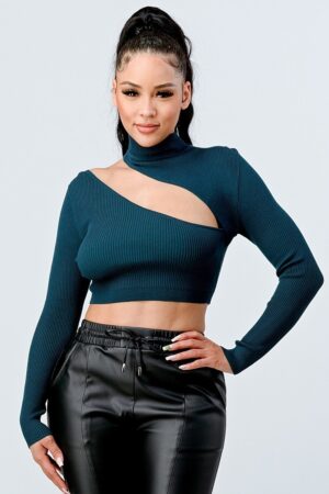 Rib Cutout Mock Neck Crop Top in Hunter Green