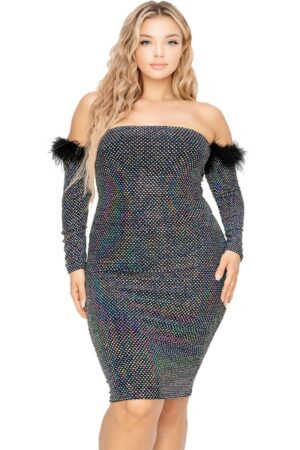 Plus Off-Shoulder Sequin Dress with Feather Trim – Black/Silver